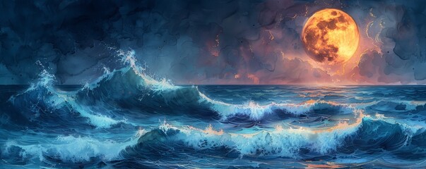 Wall Mural - Abstract ocean waves under a full moon in watercolor.