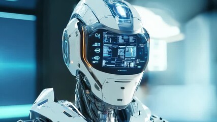 Poster - Futuristic humanoid robot with digital interface. Future AI technology, Artificial intelligence concept. Robotics and cybernetic systems. 