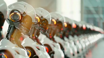 Poster - Rows of robots in manufacturing. Future AI technology, Artificial intelligence concept. Mass production of robotics, cybernetic systems. 