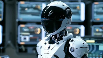 Poster - Futuristic humanoid robot with digital interface. Future AI technology, Artificial intelligence concept. Robotics and cybernetic systems. 