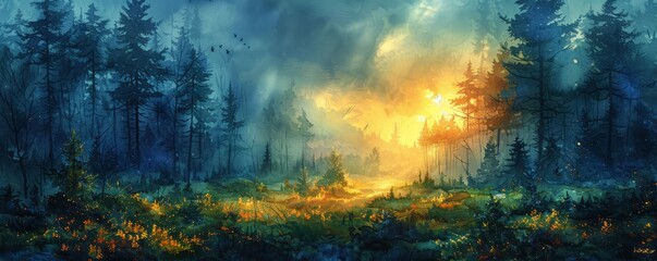 Wall Mural - Abstract lush forest with morning light in watercolor.