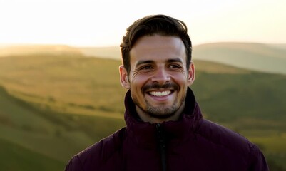 Wall Mural - Full-length portrait video of a cheerful man in his 30s wearing a warm parka against a hillside or rolling hills background