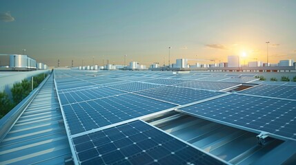 Aufkleber - Close-up view of photovoltaic solar panels on a large commercial building roof, showing both panels and building structure, modern industrial architecture visible in background. Generative AI.