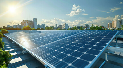 Aufkleber - Close-up view of photovoltaic solar panels on a large commercial building roof, showing both panels and building structure, modern industrial architecture visible in background. Generative AI.