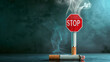 © iri.madrid.art - No smoking. Smoking cigarette and red stop sign on blue background. Horizontal banner. Copy space. The Great American Smokeout. World Lung Cancer Day. World no tobacco day. Bad habits, addiction