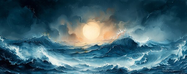 Wall Mural - Abstract moonlit waves with stars in watercolor on white.