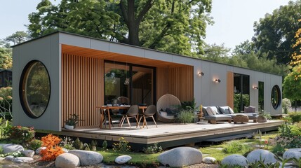 Poster - A modern, small house with vertical slats on the gable roof and a large round window in front of an outdoor dining area. The exterior walls feature light grey vertical paneling. Generative AI.
