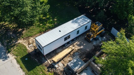 Mobile Home Delivery with Construction Equipment in a Backyard