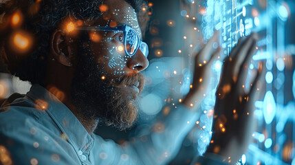 Poster - Business professional interacting with a holographic interface, highlighting futuristic technology and innovative business solutions. Generative AI.