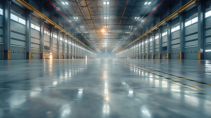 Poster - a large warehouse building interior. Generative AI.