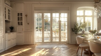 Poster - White, beige. Wooden floors, double doors, grid windows, dining table, open kitchen. Generative AI.