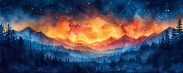 Wall Mural - Abstract night sky with aurora borealis in watercolor.