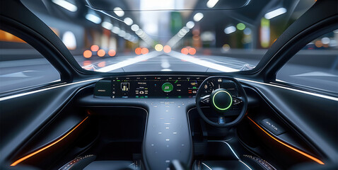 Poster - A sleek black futuristic car dashboard that looks like it's floating in mid-air with a large display showing a 3D view of the road and surrounding vehicles. Generative AI.