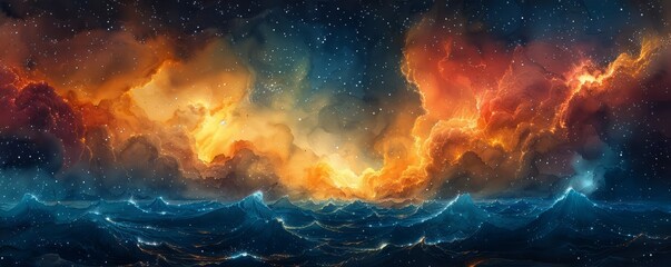 Wall Mural - abstract night sky with aurora borealis in watercolor.