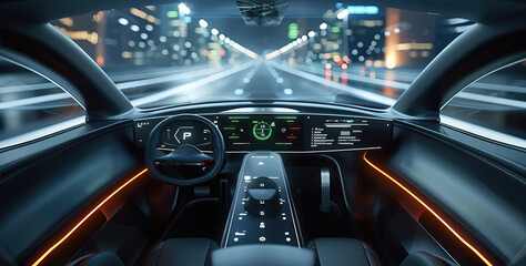 Poster - A sleek black futuristic car dashboard that looks like it's floating in mid-air with a large display showing a 3D view of the road and surrounding vehicles. Generative AI.