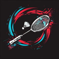 Wall Mural - Vector style logo of a badminton racket hitting the shuttlecock, vibrant colors, circular design with red and blue accents on a black background, sports theme, action