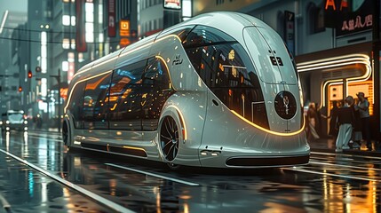 Aufkleber - Futuristic bus in a modern city. Generative AI.