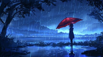 Poster - Lonely Girl with Umbrella in Rainy Night by the Water. anime rain umbrella. Illustrations