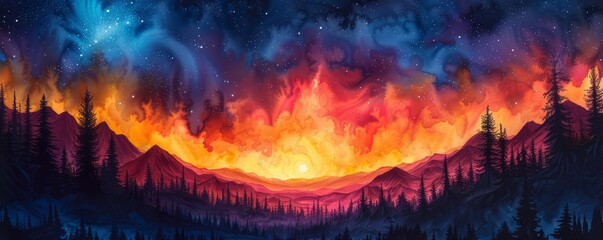 Wall Mural - Abstract night sky with aurora borealis in watercolor.