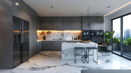 Poster - Modern kitchen with white marble and black color, gray cabinets, glass door refrigerator, modern style with light background. Generative AI.