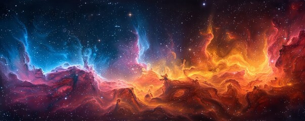 Abstract cosmic landscape with colorful nebulas in watercolor.