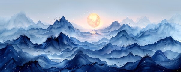 Wall Mural - Abstract tidal waves with moonlight and stars in watercolor on white.