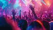 © Artful Stock - Silhouetted Hands Raised in Euphoric Concert Crowd, Pink and Blue Lights, Blurred Background, Concert, Party, Music Festival, Crowd