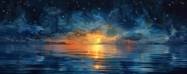 Wall Mural - Abstract moonlit river with stars in watercolor on white.