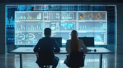 Poster - Two business Users sitting with backs to viewer and watching at predictive analytics dashboards ahead of them on the wall. The wall contains huge dashboards that have different stats. Generative AI.