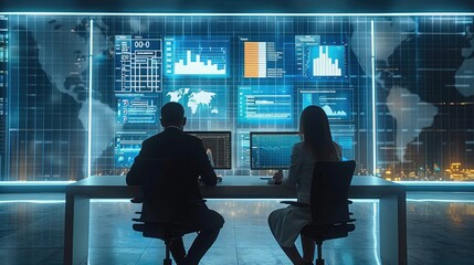 Poster - Two business Users sitting with backs to viewer and watching at predictive analytics dashboards ahead of them on the wall. The wall contains huge dashboards that have different stats. Generative AI.
