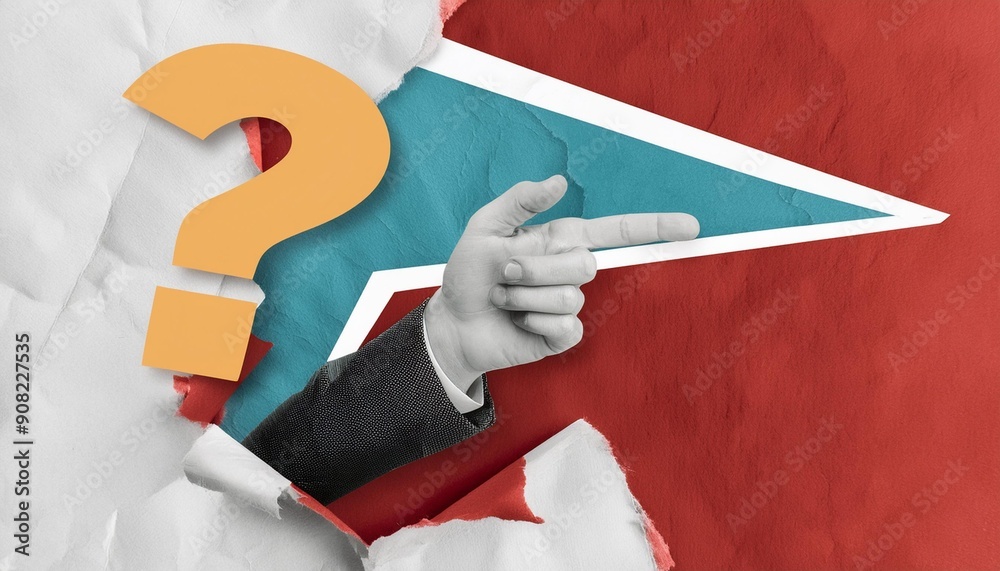 Question Pointing Modern collage with pointing hand and question mark. Paper cutout. Torn ...
