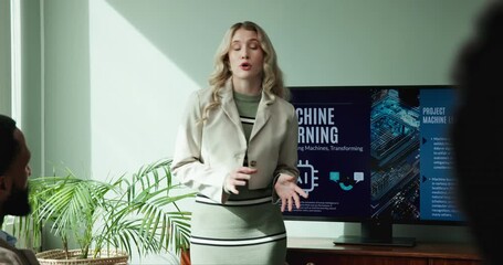 Poster - Conference, discussion and woman with presentation in boardroom for AI, project and development. IT, meeting and business people with workshop for computer science, innovation and machine learning