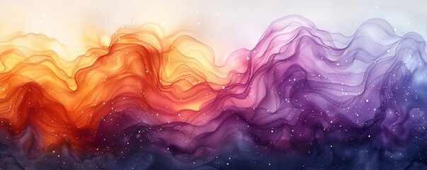 Wall Mural - Abstract cosmic waves with stars and light in watercolor on white.