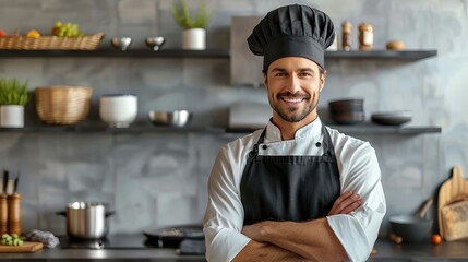 Poster - Front view of a nordic kitchen with a handsome man smiling professional chef in black chef's hat, black chef's outfit kitchen towel on the shoulder, friendly. Generative AI.