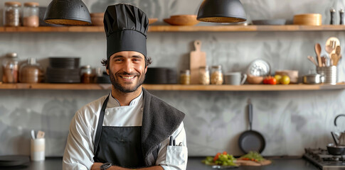 Poster - Front view of a nordic kitchen with a handsome man smiling professional chef in black chef's hat, black chef's outfit kitchen towel on the shoulder, friendly. Generative AI.