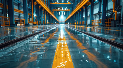 Poster - Industrial style factory indoor background, gray tones, distant view. Generative AI.