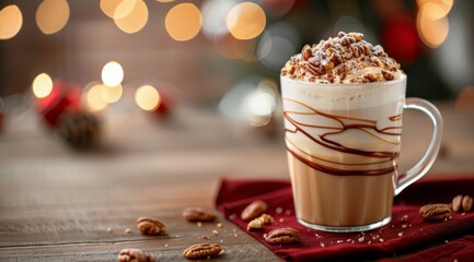 Sticker - Warm Seasonal Beverage With Whipped Cream and Nuts on a Wooden Table