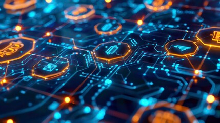 Aufkleber - Glowing Circuit Board with Hexagonal Nodes and Icons