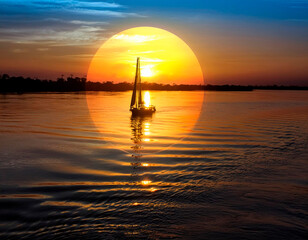 Fototapete - Atardecer en el río, sol redondo y velero