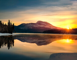 Fototapete - Lindo amanecer y su reflejo en el lago.