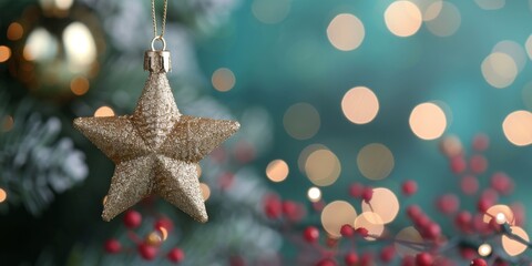 Sticker - Glittering Gold Star Ornament Hanging on Christmas Tree With Blurry Lights