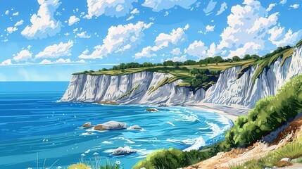 Wall Mural - Summer Coastline With Cliffs and Blue Sea Under Clear Skies