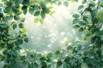 Poster - Green leaves with a white background, tree branches, sunlight and shadows.