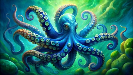 Sticker - The Tentacled Embrace: A Symphony of Blues and Greens  AI Generated