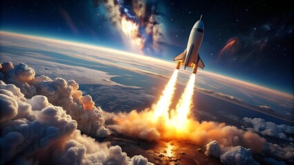 Wall Mural - Cosmic Escape: A Rocket Breaks Free From Earth's Gravitational Pull  AI Generated