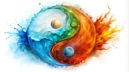 Poster - Eternal Dance of Opposites: A Watercolor Yin Yang Symbol Embracing the Essence of Water and Fire  AI generated