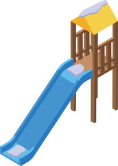 Poster - blue playground slide covered with snow standing on white background