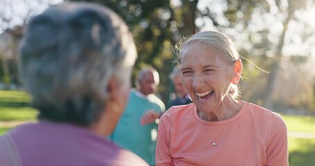 Poster - Elderly women, laugh and high five for fitness, exercise and workout with wellness, retirement and joke. Senior female people, playful and outdoor park for aerobics class, yoga and pilates in bonding