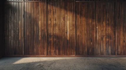 Poster - A minimalist space with a wooden wall and floor, suitable for interior design or architectural projects