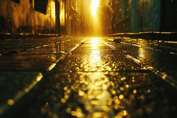 Poster - A wet street lit up by sunshine